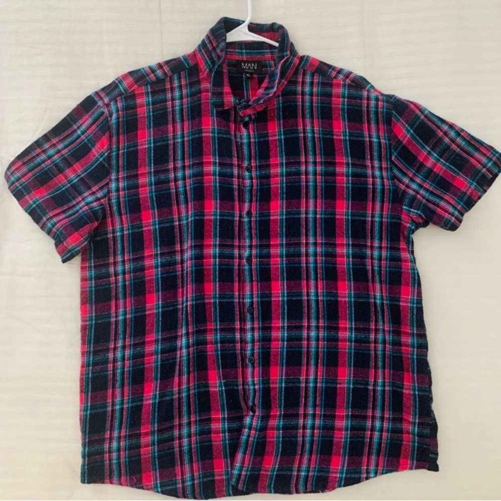 Casual Black, Pink, and Blue Plaid Button Down Shirt
